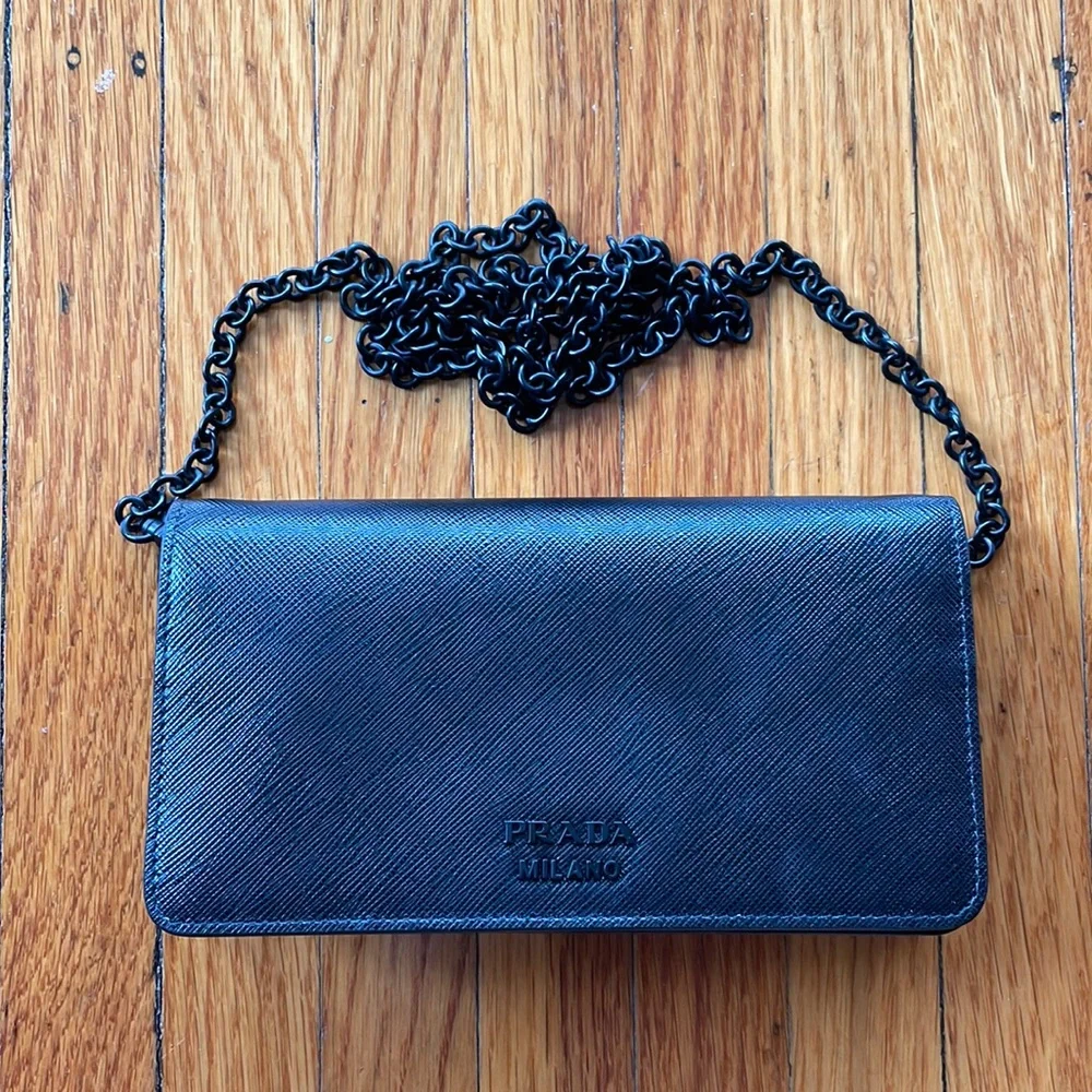 Prada Black Saffiano Leather Chain Clutch